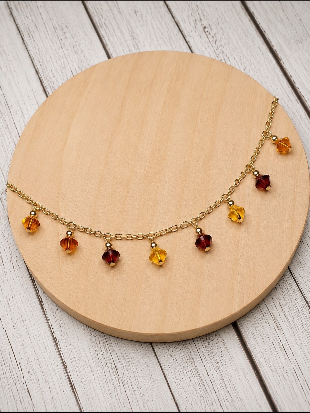 Gold Chain Necklace with Amber and Garnet Crystal Drops